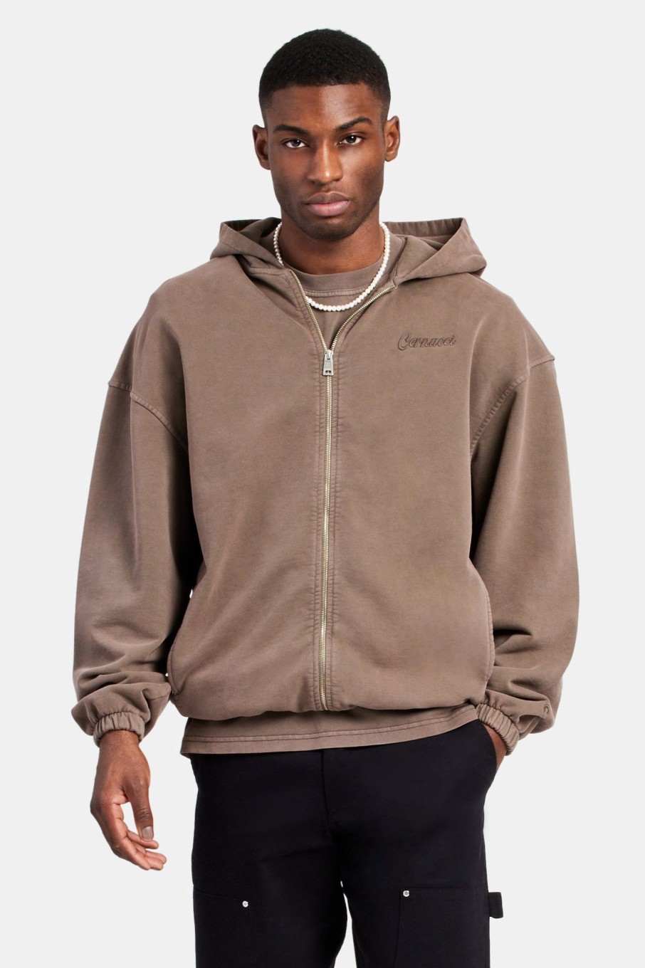 Hoodies & Sweatshirts | cernucci Hoodies & Sweatshirts Embroidered Zip Through Hoodie - Washed Brown