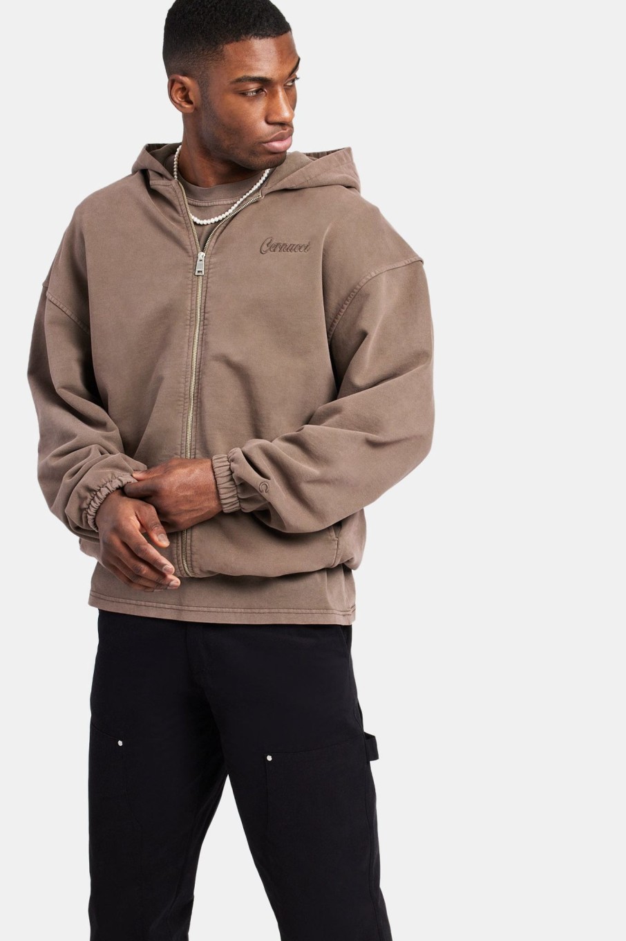 Hoodies & Sweatshirts | cernucci Hoodies & Sweatshirts Embroidered Zip Through Hoodie - Washed Brown