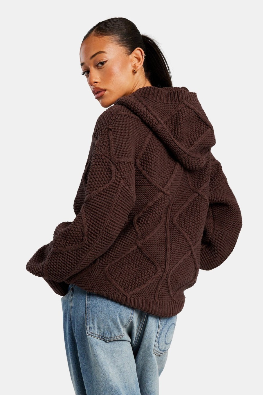 Knitwear | CLO-TOP-HS-KTW-HOOD Knitwear Womens Ccc Cable Knit Varsity Hoodie - Chocolate