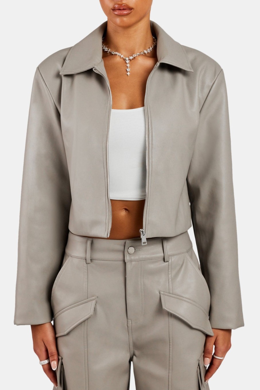 Outerwear | CLO-TOP-OUT Outerwear Pu Cropped Jacket With Shoulder Pads - Beige