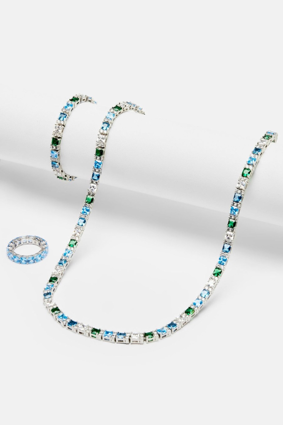 Cernucci X Phil Foden | cernucci Cernucci X Phil Foden Iced Baguette Tennis Chain, Bracelet U0026 Ring Bundle - Blue Green