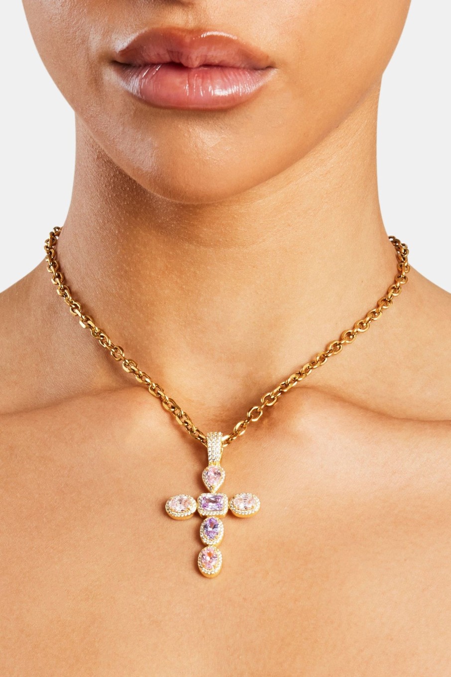 Necklaces | JWL-NECK Necklaces Iced Pink Cross Necklace - Gold