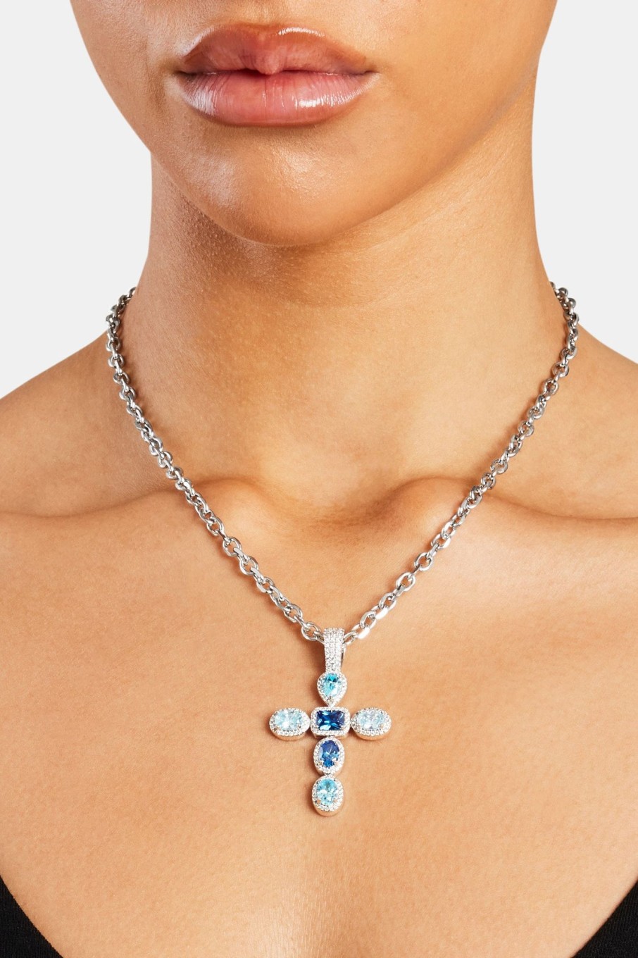 Necklaces | JWL-NECK Necklaces Iced Blue Cross Necklace - White