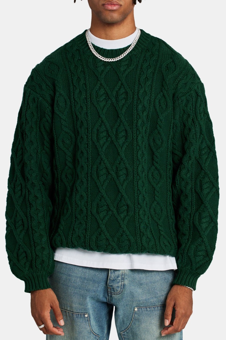 Knitwear | CLO-TOP-KTW Knitwear Cable Knit Varsity Sweater - Forest Green