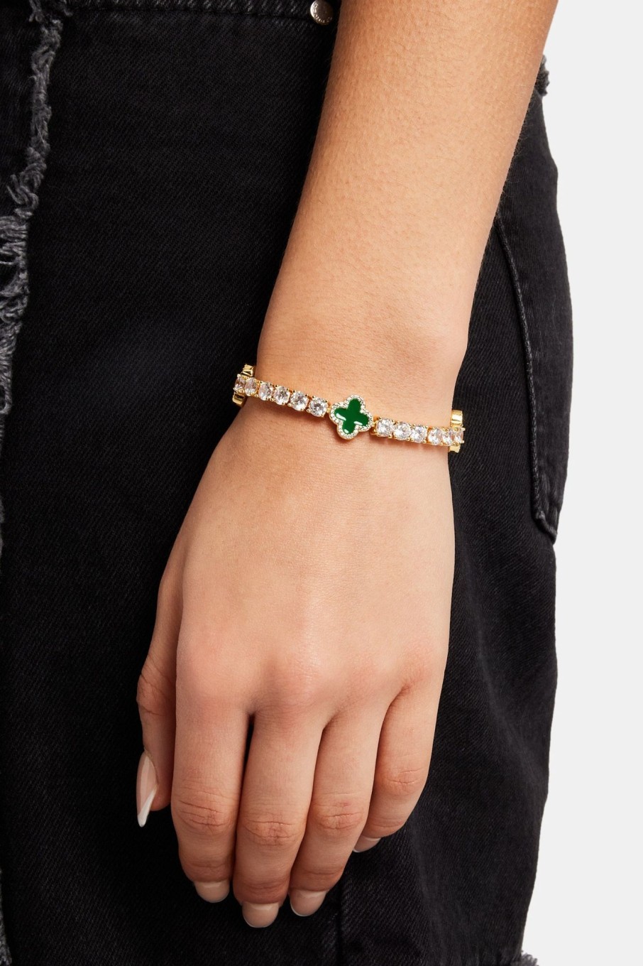 Iced Jewellery | JWL-BRA Iced Jewellery Green Motif Tennis Bracelet - Gold 5Mm