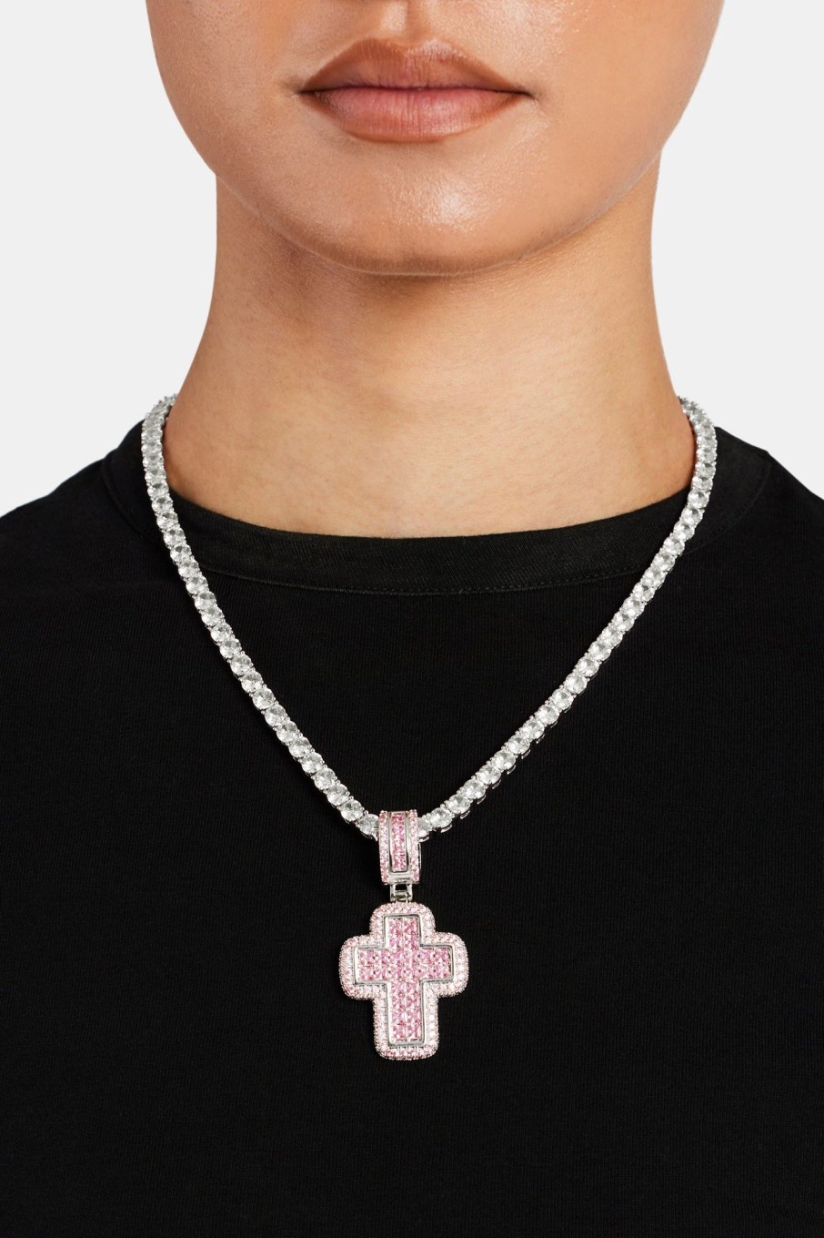 Pendants | cernucci Pendants 35Mm Iced Pink Cz Baguette Cross Pendant