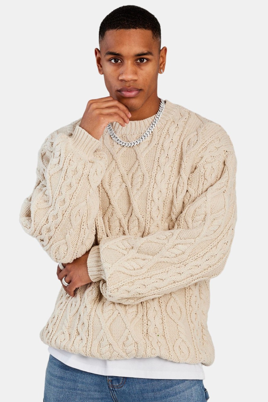 Knitwear | CLO-TOP-KTW Knitwear Cable Knit Varsity Sweater - Beige