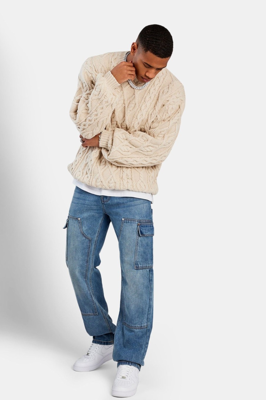 Knitwear | CLO-TOP-KTW Knitwear Cable Knit Varsity Sweater - Beige