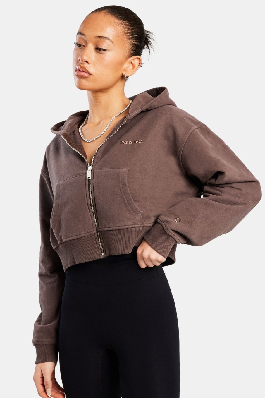 Hoodies & Sweatshirts | CLO-TOP-HS-HOOD Hoodies & Sweatshirts Cropped Zip Hoodie - Chocolate