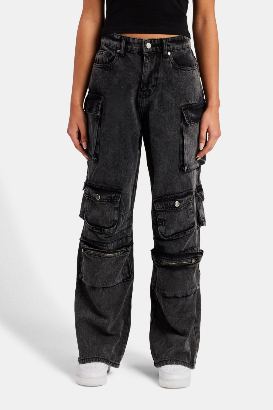 Jeans | cernucci Jeans Acid Wash Baggy Cargo Jeans - Black