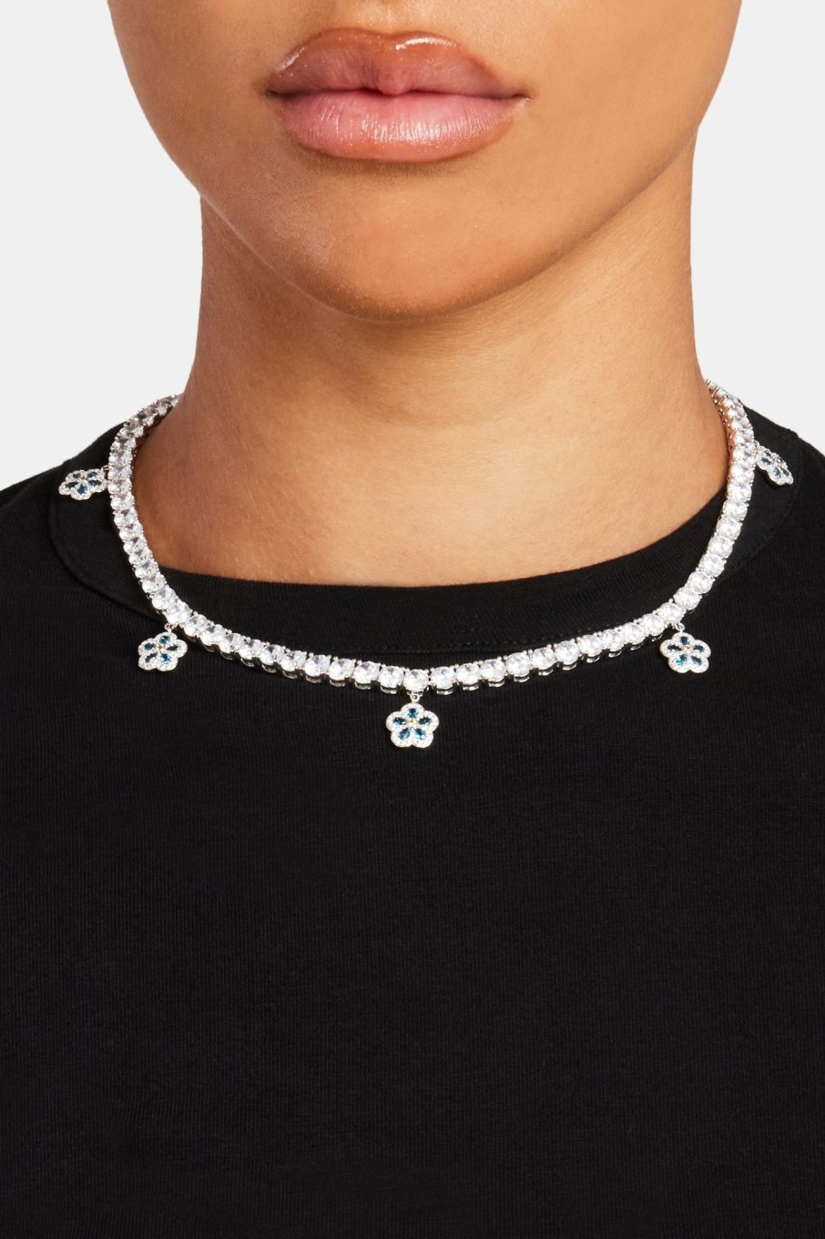 Iced Jewellery | JWL-CHN Iced Jewellery 5Mm Iced Blue Cz Flower Drop Tennis Necklace