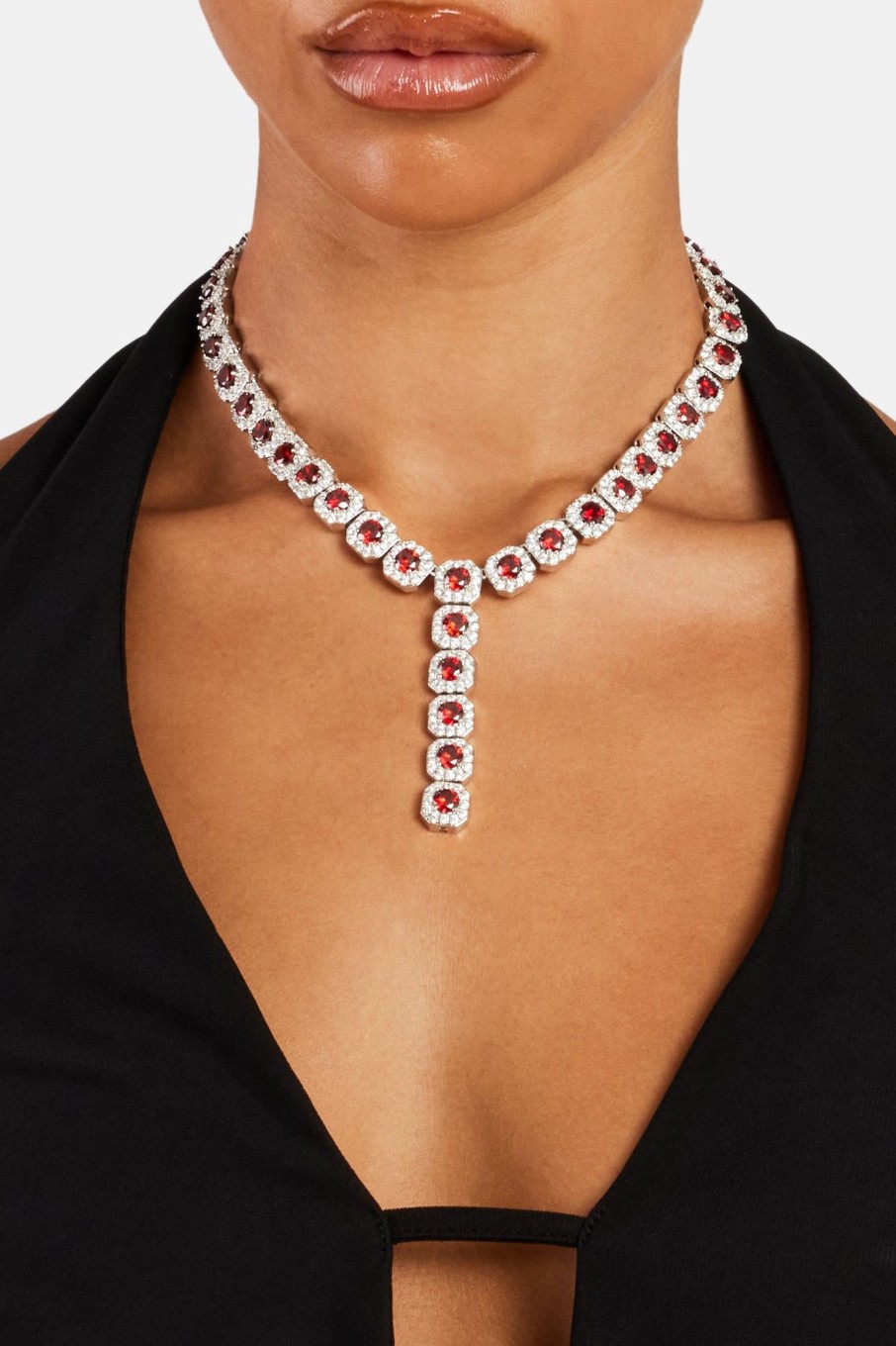 Iced Jewellery | JWL-NECK Iced Jewellery Iced Deep Red Cz Cluster Drop Necklace