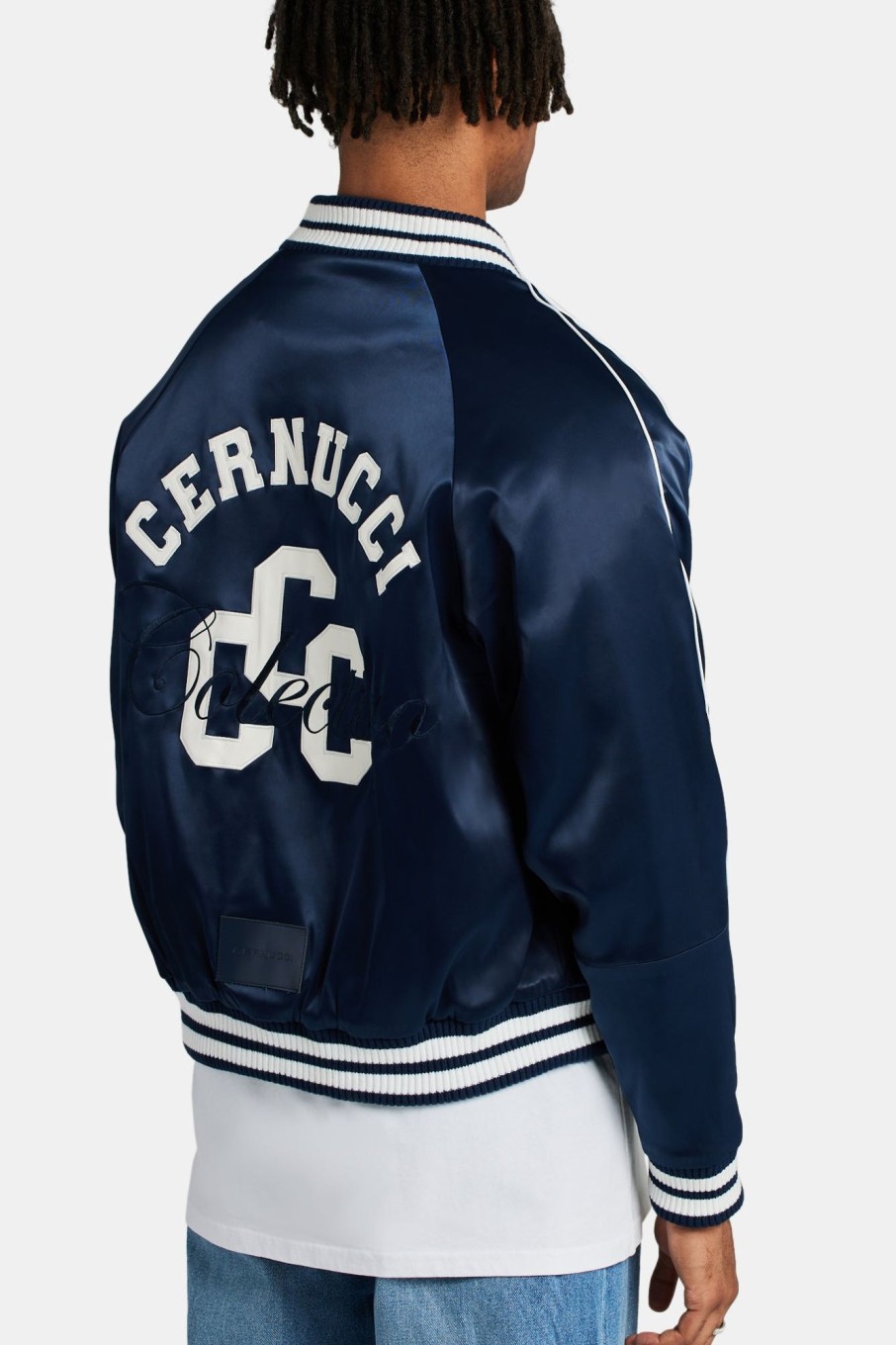 Outerwear | cernucci Outerwear Cernucci Satin Souvenir Bomber Jacket - Navy