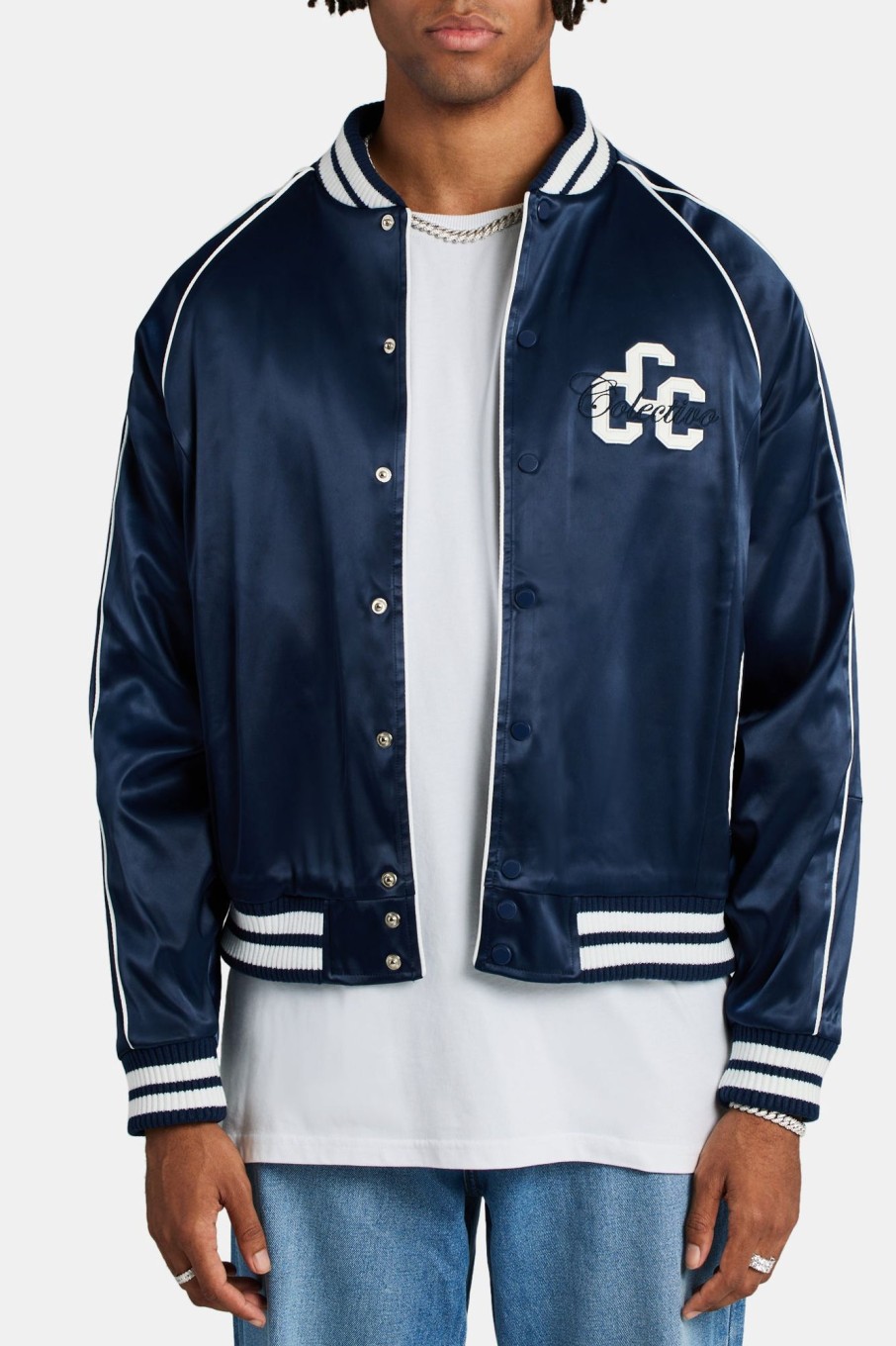 Outerwear | cernucci Outerwear Cernucci Satin Souvenir Bomber Jacket - Navy