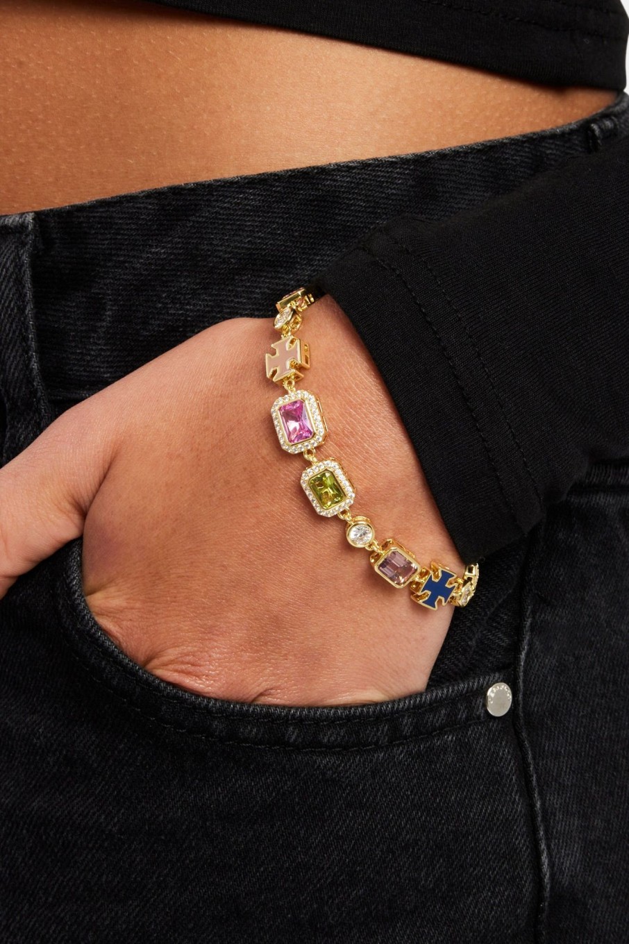 Iced Jewellery | JWL-BRA Iced Jewellery Multi Gemstone Motif Bracelet - Gold Pink U0026 Green