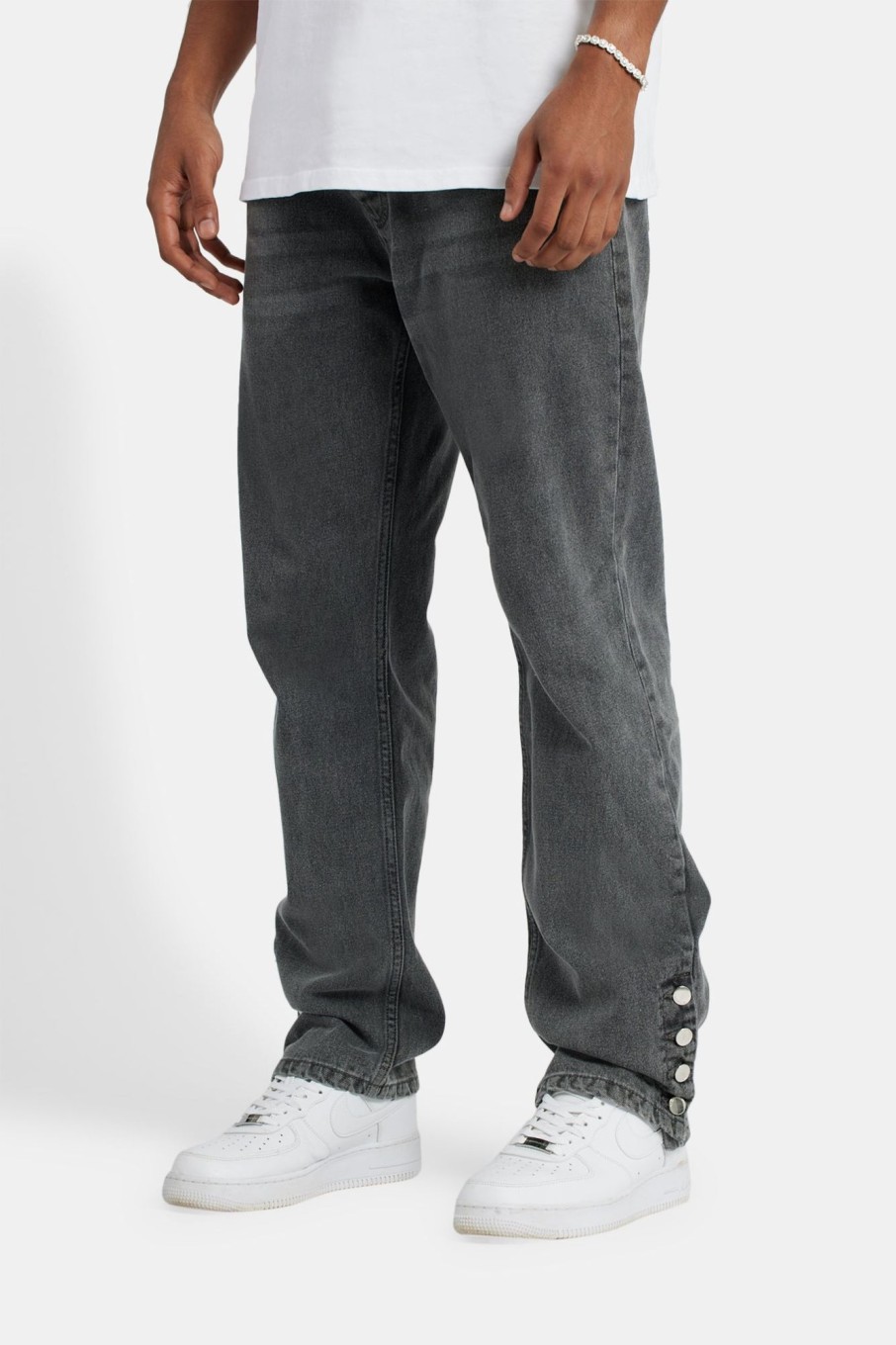 Jeans | CLO-BOT-DEN Jeans Relaxed Button Hem Detail Jeans - Dark Grey