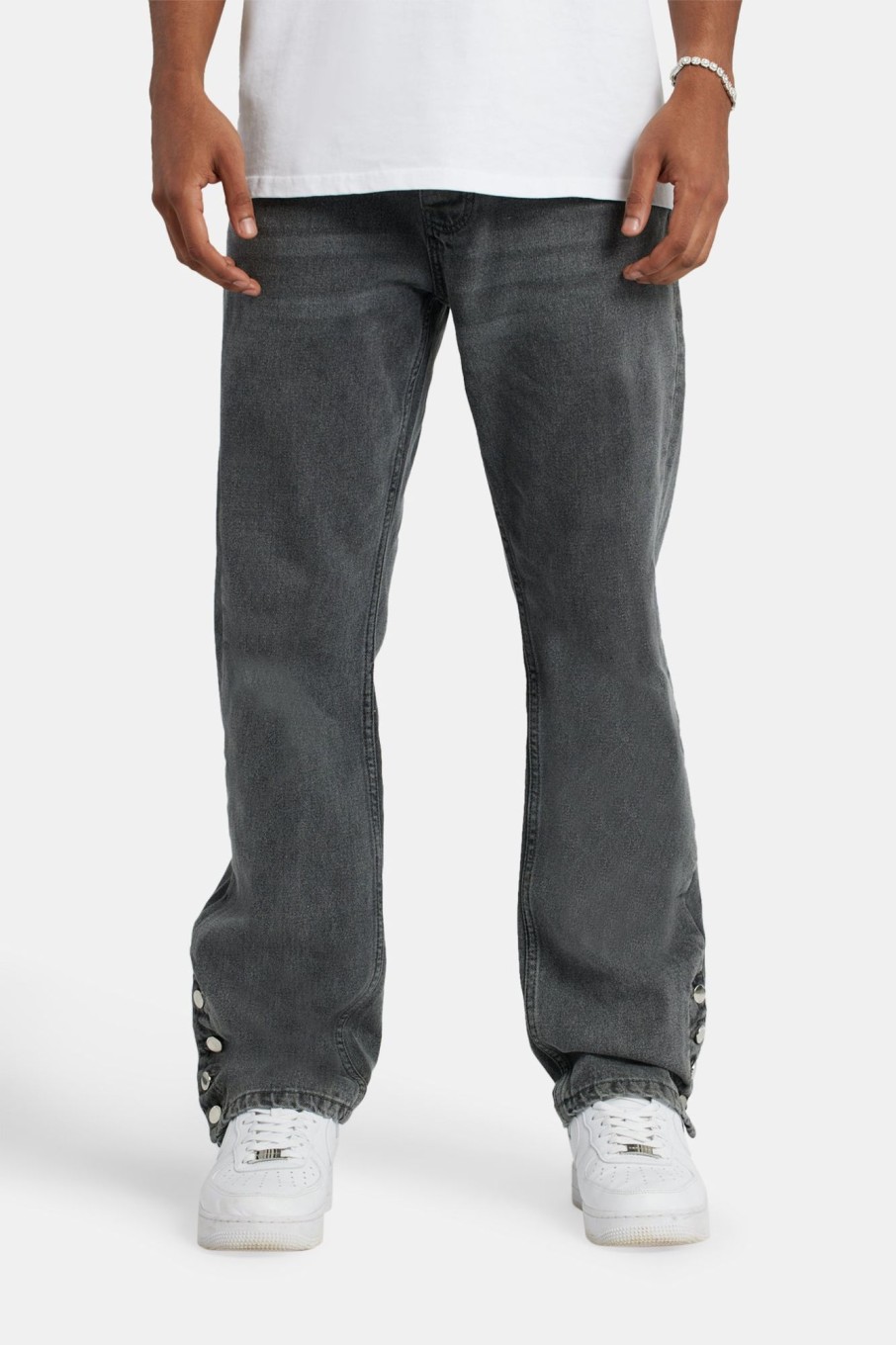 Jeans | CLO-BOT-DEN Jeans Relaxed Button Hem Detail Jeans - Dark Grey