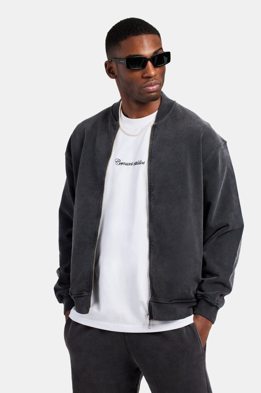 Outerwear | cernucci Outerwear Acid Wash Jersey Bomber Zip Through - Charcoal