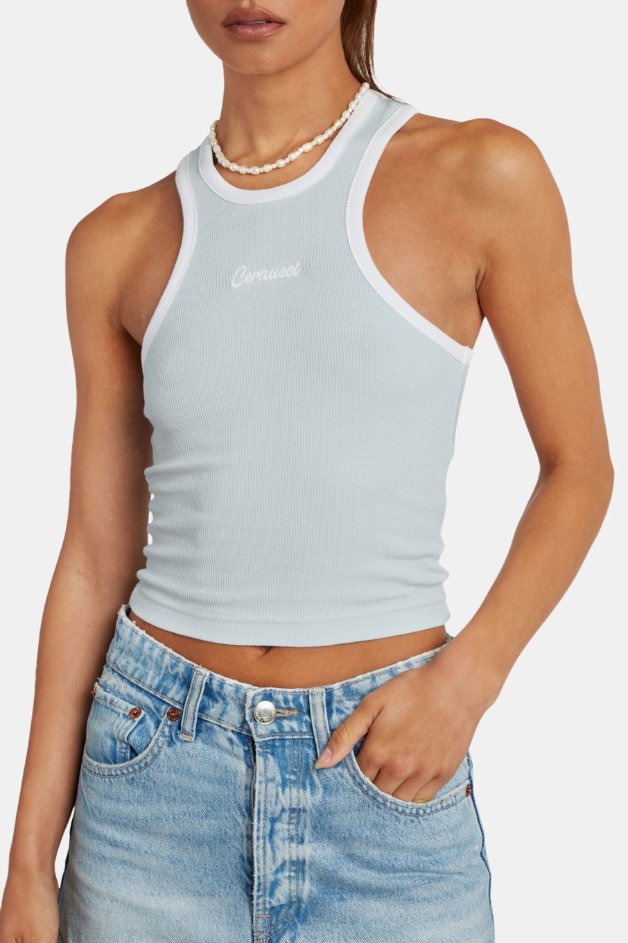 T-Shirts & Tops | CLO-TOP-TEE T-Shirts & Tops Embroidered Crop Vest - Baby Blue