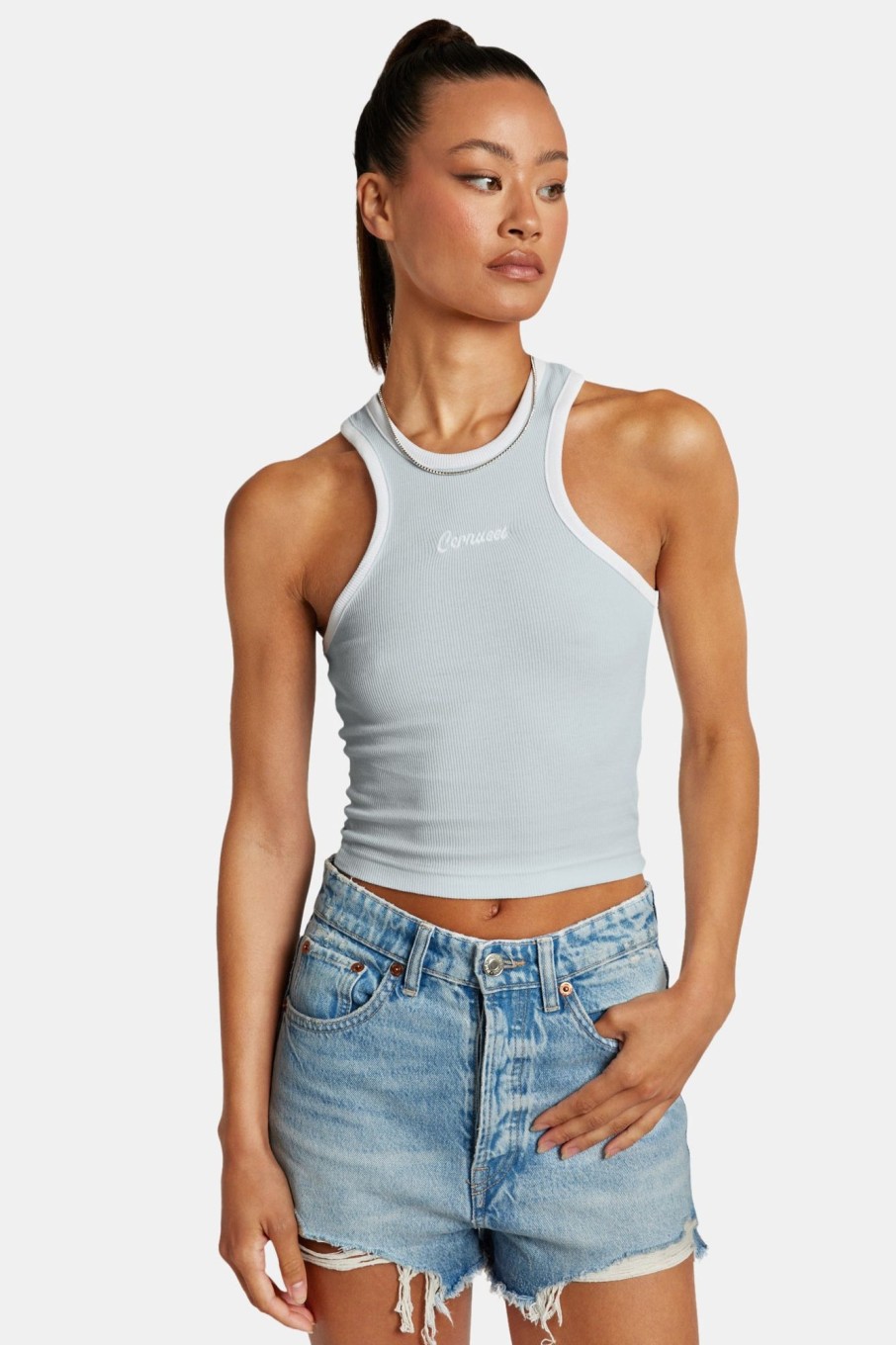 T-Shirts & Tops | CLO-TOP-TEE T-Shirts & Tops Embroidered Crop Vest - Baby Blue