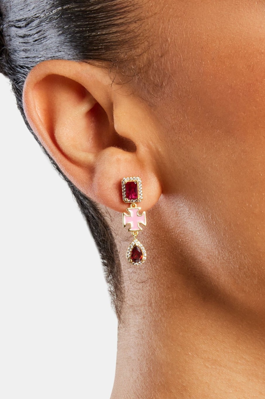 Earrings | JWL-EAR Earrings Pink Multi Gem Drop Earrings - Gold