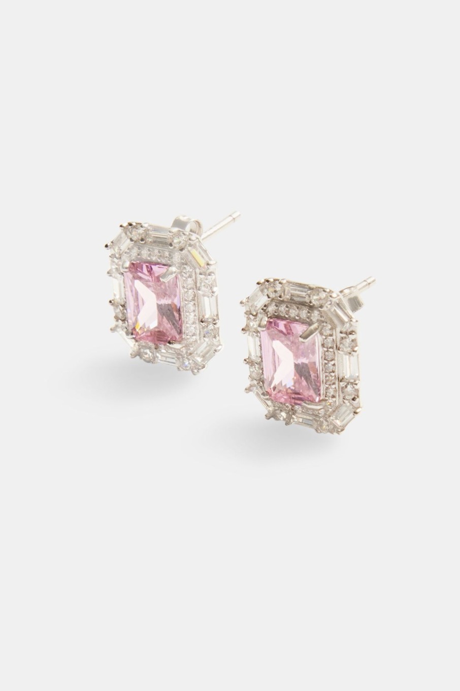 Earrings | JWL-EAR Earrings 14Mm Sterling Silver Pink Cz Baguette Cluster Stud Earrings