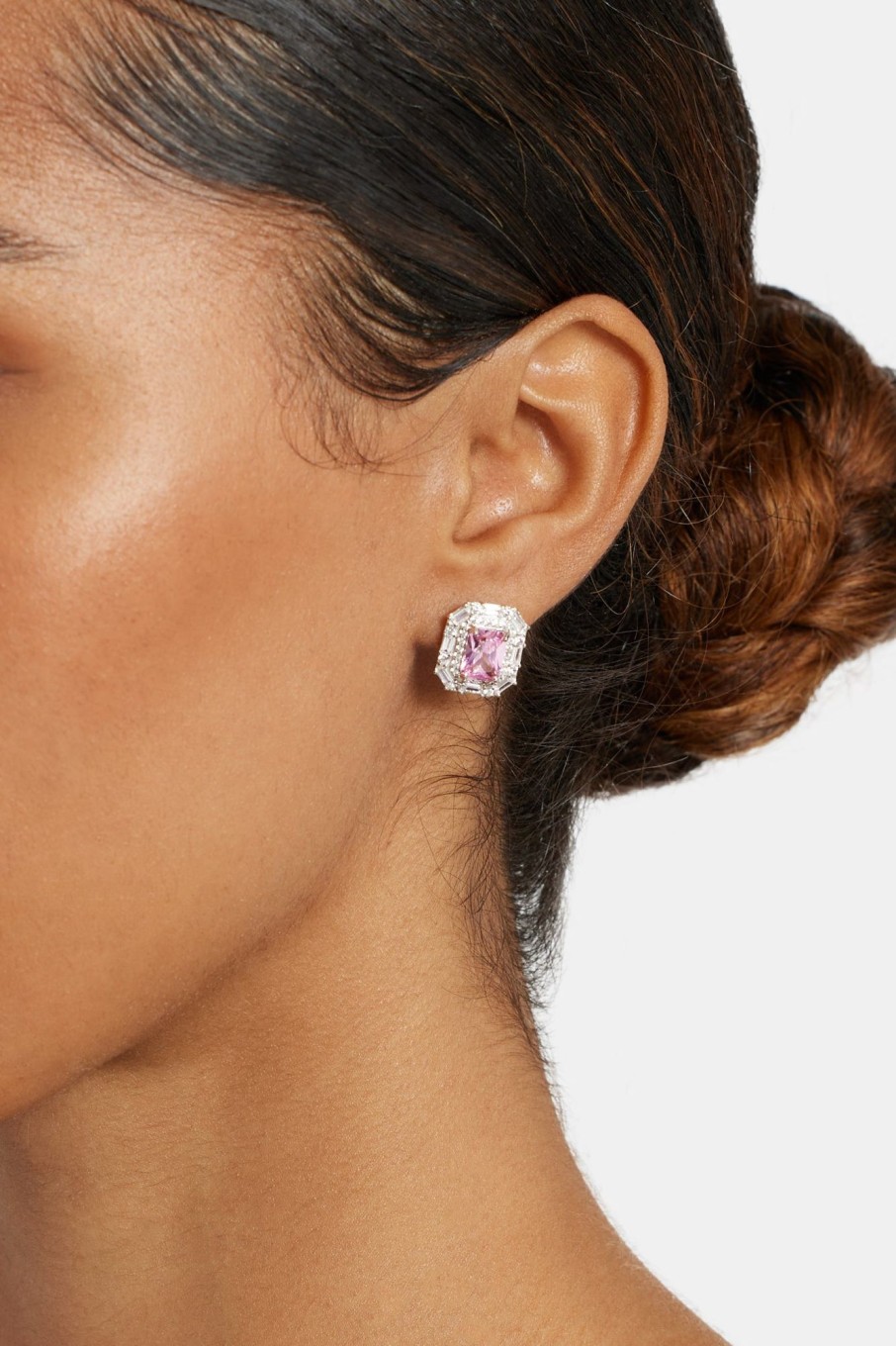 Earrings | JWL-EAR Earrings 14Mm Sterling Silver Pink Cz Baguette Cluster Stud Earrings