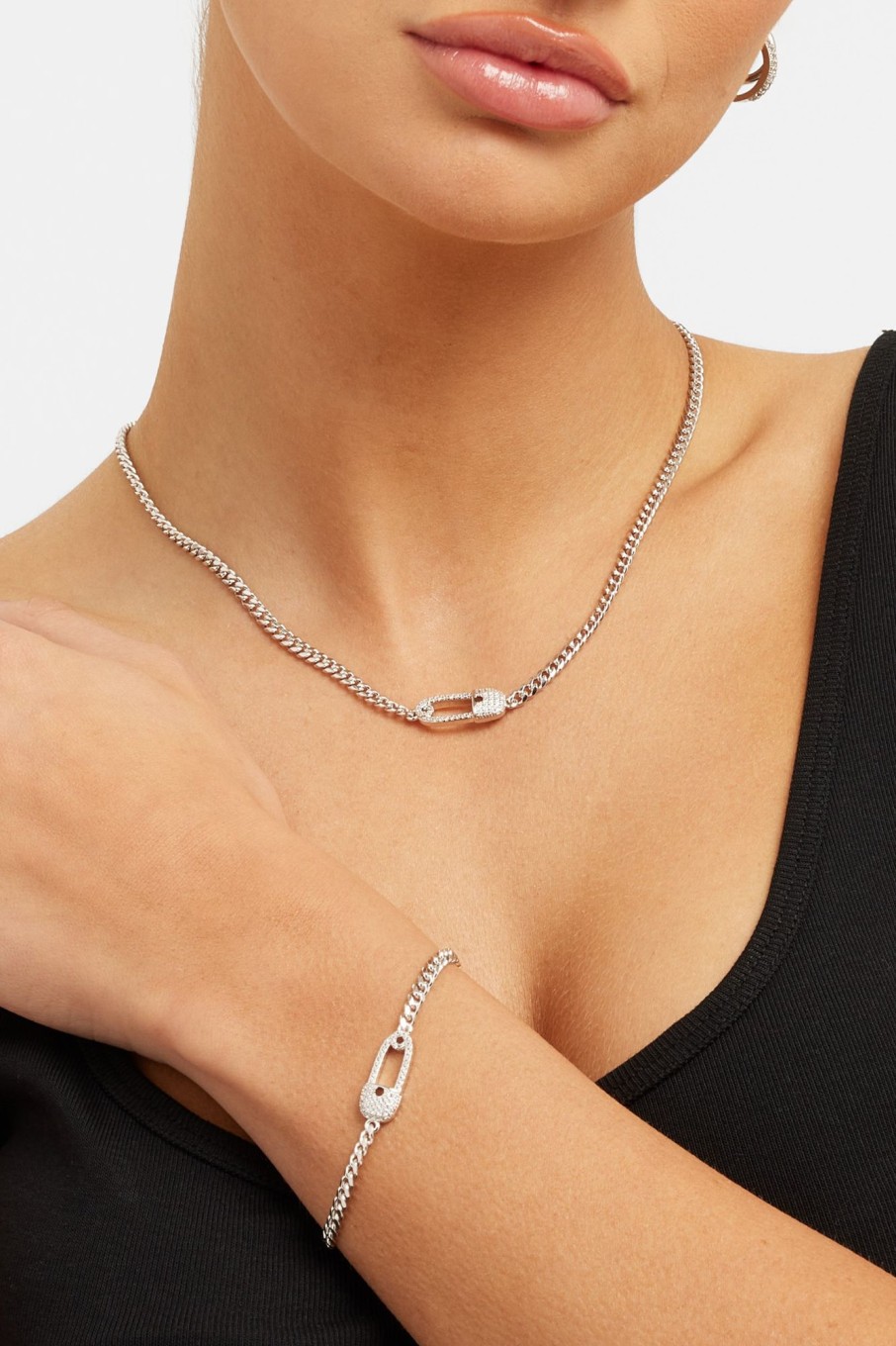 Necklaces | JWL-NECK Necklaces Iced Safety Pin Necklace