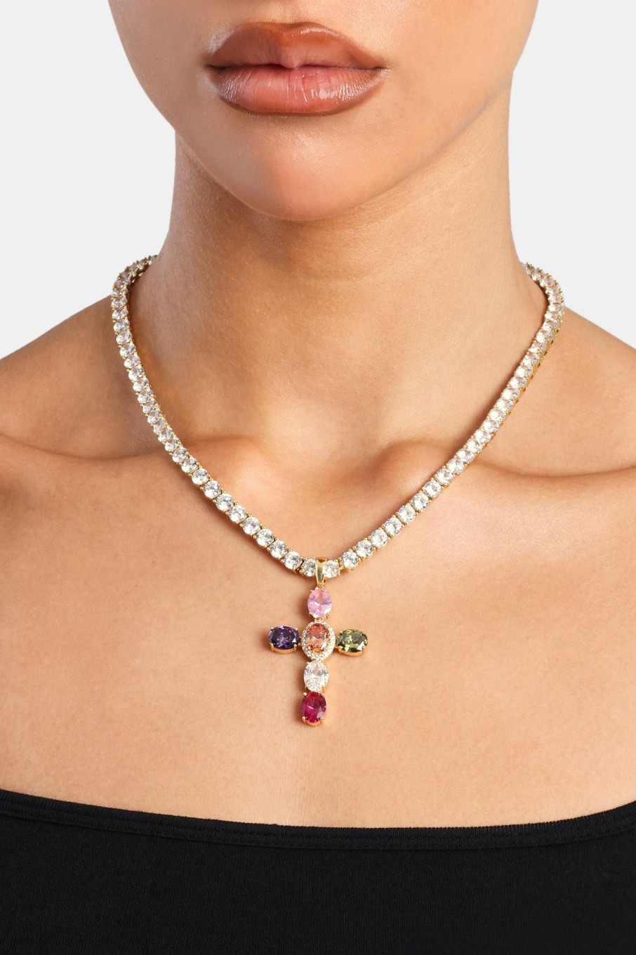 Jewellery Sets | JWL-BUND Jewellery Sets Multi Colour Gem Cross Pendant U0026 5Mm Tennis Chain - Gold