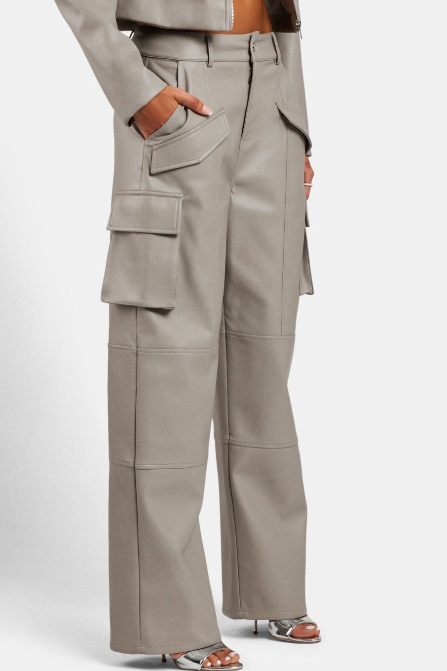 Trousers & Joggers | CLO-BOT-TRO Trousers & Joggers Wide Leg Faux Leather Cargo Trouser - Beige