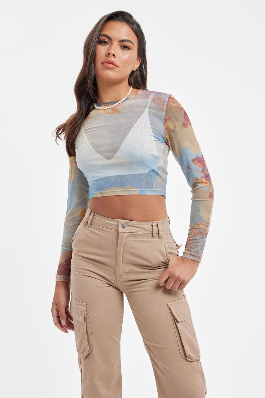 T-Shirts & Tops | CLO-TOP-CROP T-Shirts & Tops Mesh Printed Long Sleeve Top - Multi