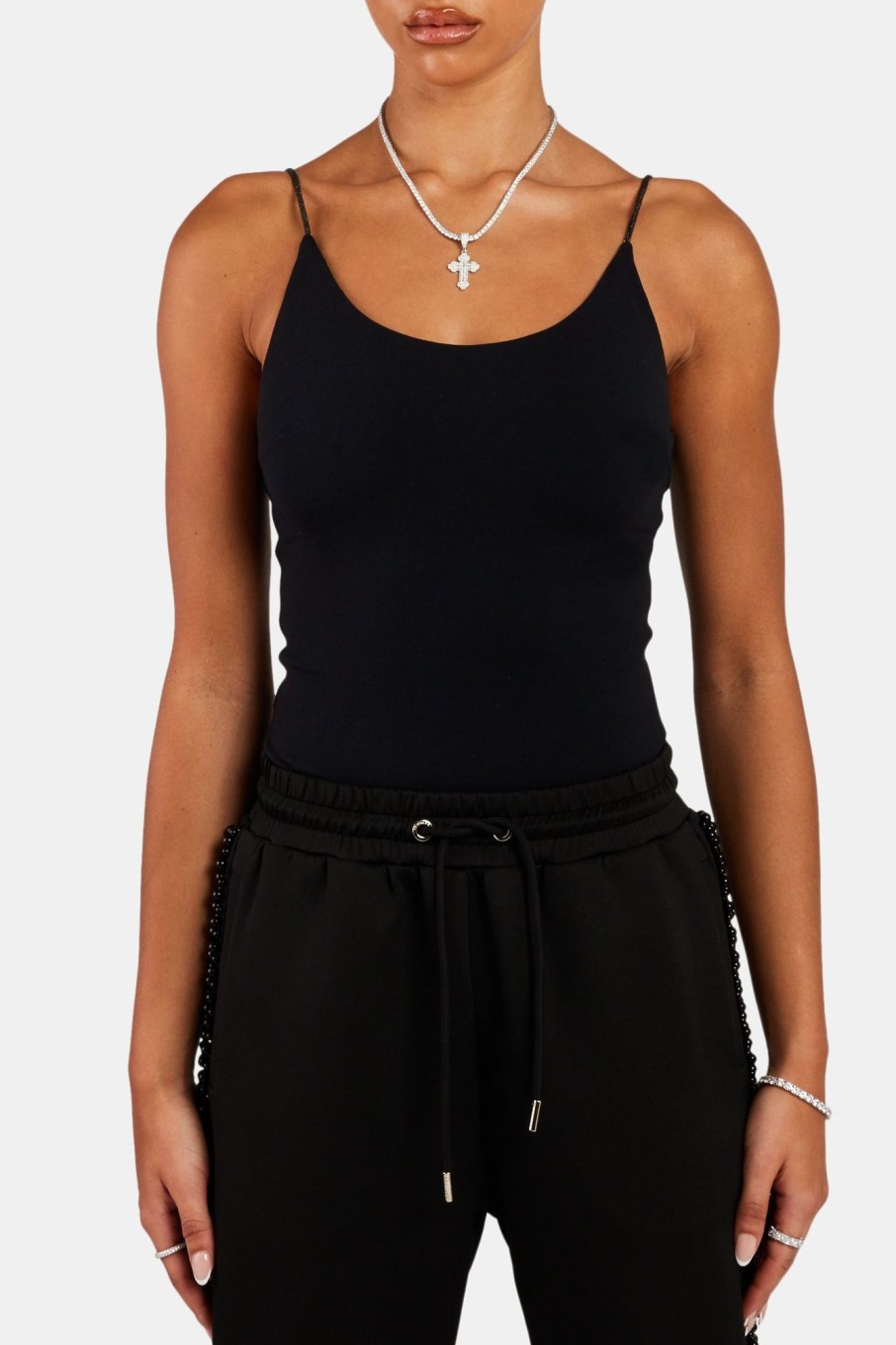 T-Shirts & Tops | CLO-TOP T-Shirts & Tops Bodysuit With Rhinestone Straps - Black