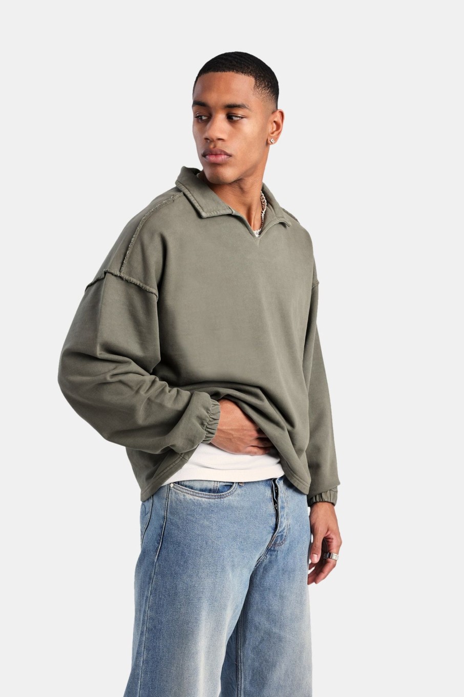 Hoodies & Sweatshirts | cernucci Hoodies & Sweatshirts Long Sleeve Collared Sweatshirt - Washed Green