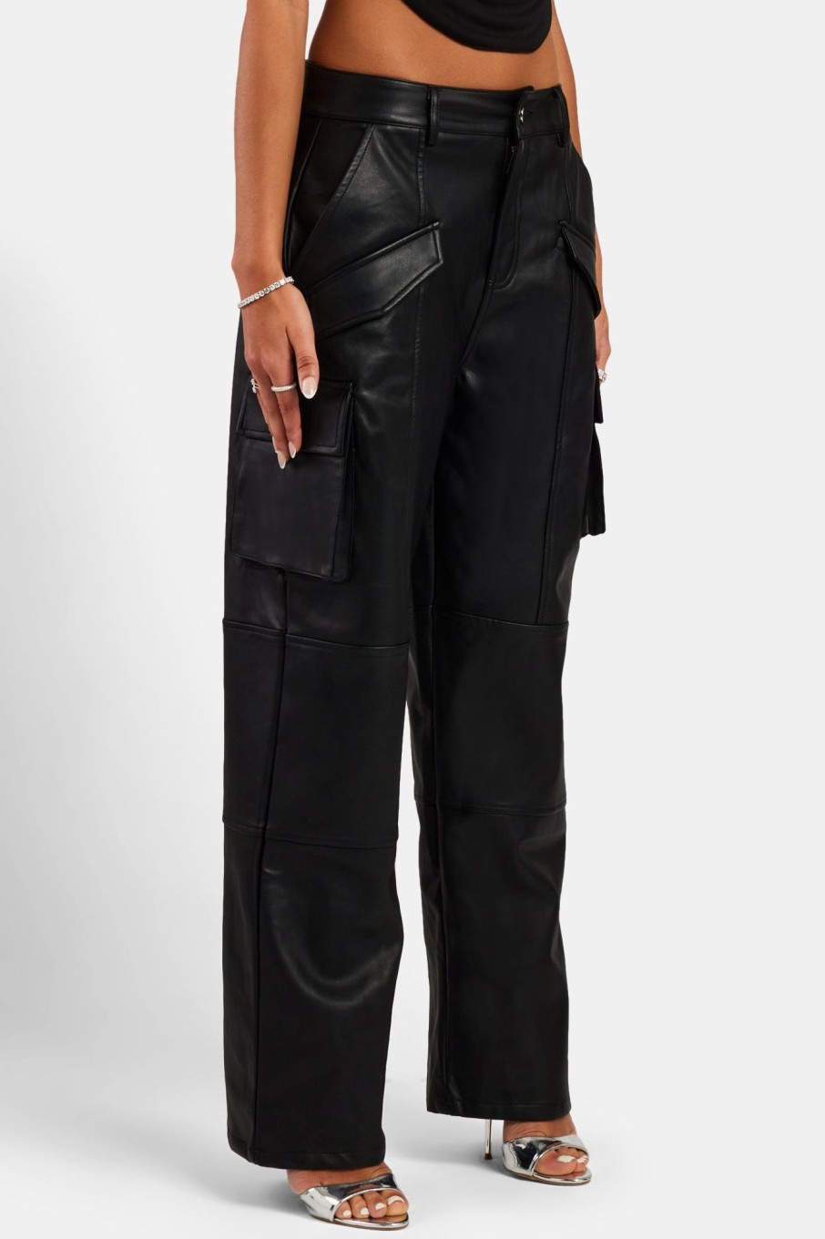 Trousers & Joggers | CLO-BOT-TRO Trousers & Joggers Wide Leg Faux Leather Cargo Trouser - Black