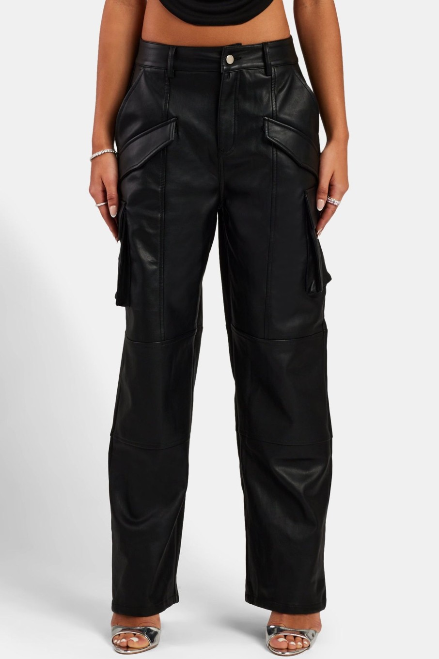 Trousers & Joggers | CLO-BOT-TRO Trousers & Joggers Wide Leg Faux Leather Cargo Trouser - Black