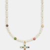 Pearls | JWL-NECK-PRL Pearls Womens Freshwater Pearl U0026 Multi Colour Ice Ball Cross Necklace - Gold