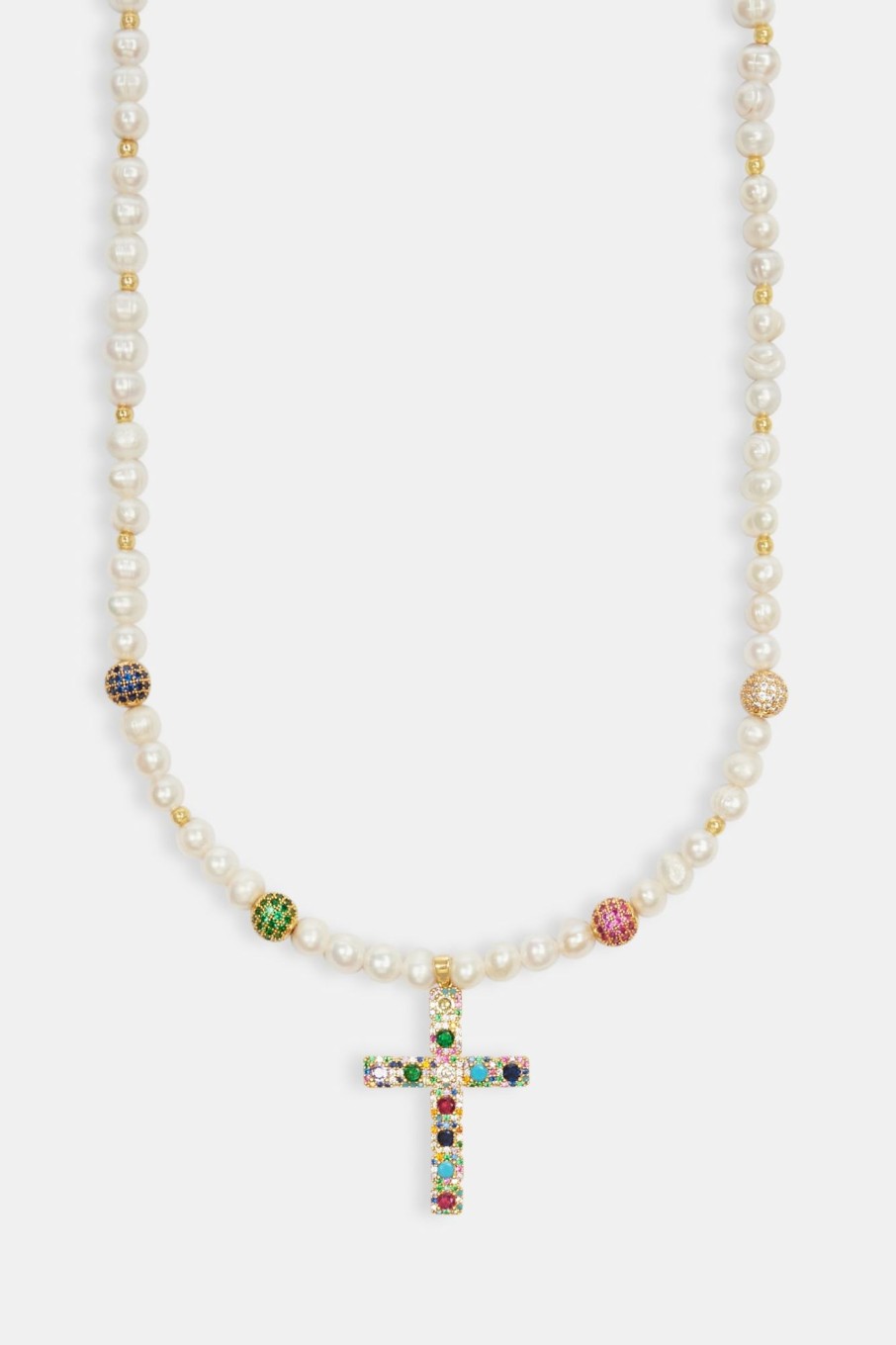 Pearls | JWL-NECK-PRL Pearls Womens Freshwater Pearl U0026 Multi Colour Ice Ball Cross Necklace - Gold