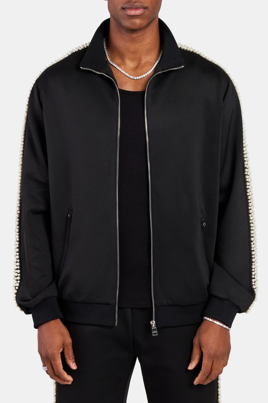 Outerwear | cernucci Outerwear Pearl Detail Track Jacket - Black