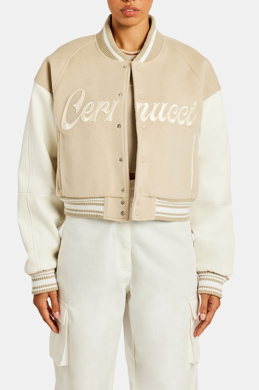 Outerwear | CLO-TOP-OUT Outerwear Cernucci Womens Varsity Bomber Jacket - Stone