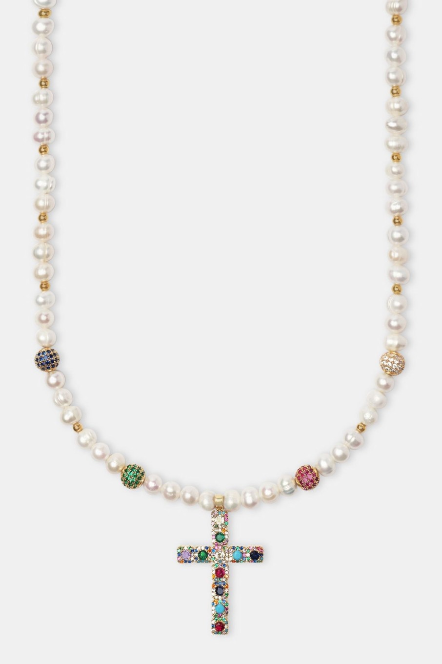 Cross Jewellery | cernucci Cross Jewellery Freshwater Pearl U0026 Multi Colour Ice Ball Cross Necklace - Gold