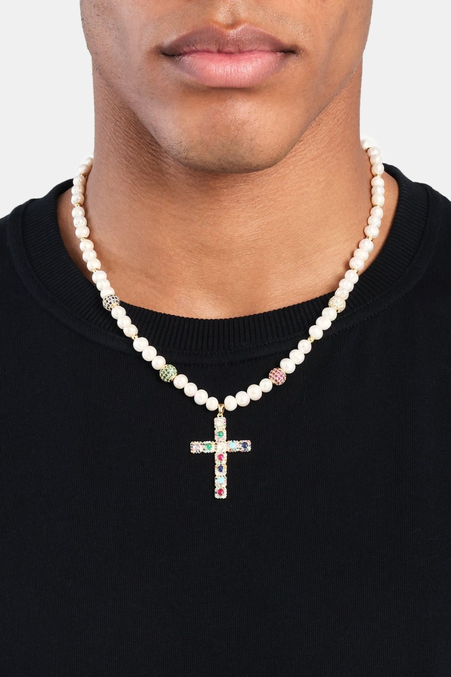 Cross Jewellery | cernucci Cross Jewellery Freshwater Pearl U0026 Multi Colour Ice Ball Cross Necklace - Gold