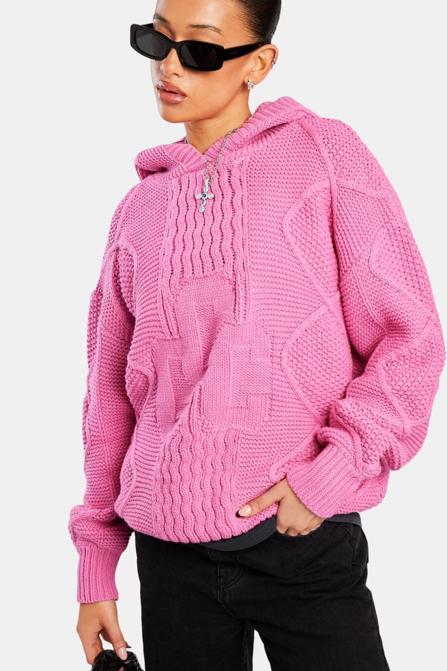 Knitwear | CLO-TOP-HS-KTW-HOOD Knitwear Womens Ccc Cable Knit Varsity Hoodie - Pink