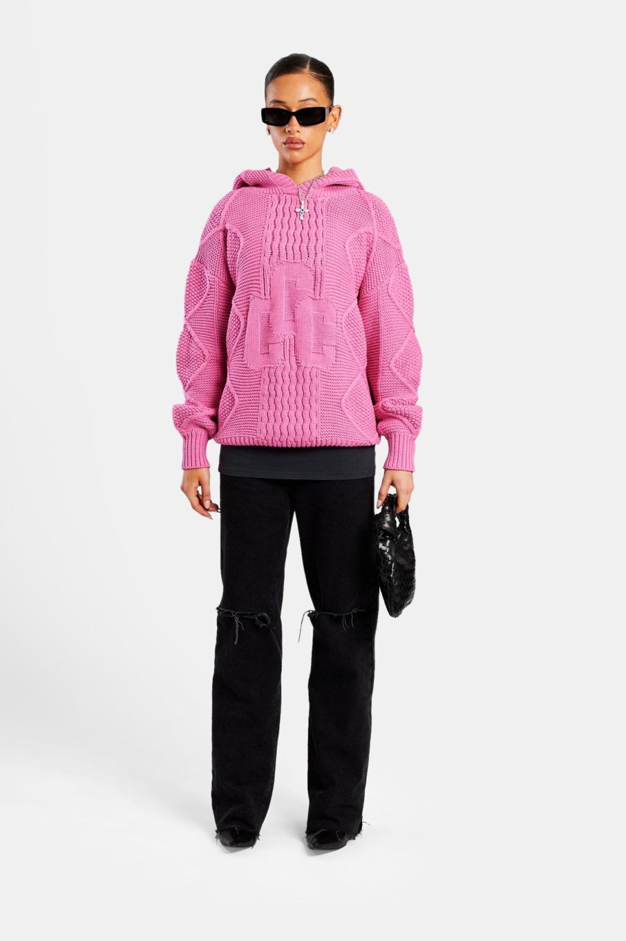 Knitwear | CLO-TOP-HS-KTW-HOOD Knitwear Womens Ccc Cable Knit Varsity Hoodie - Pink