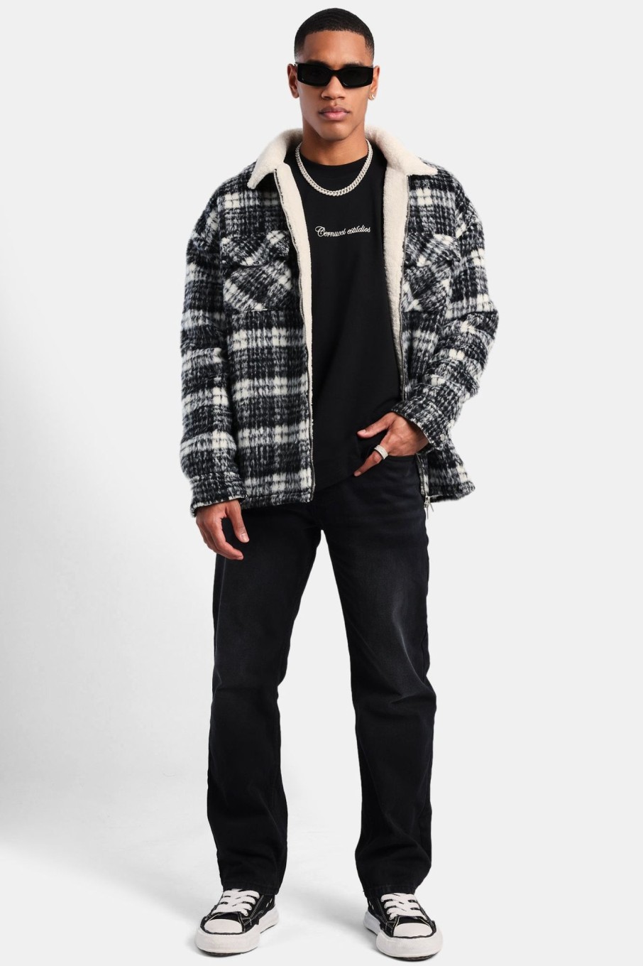 Shirts | cernucci Shirts Oversized Check Zip Borg Lined Overshirt - Black