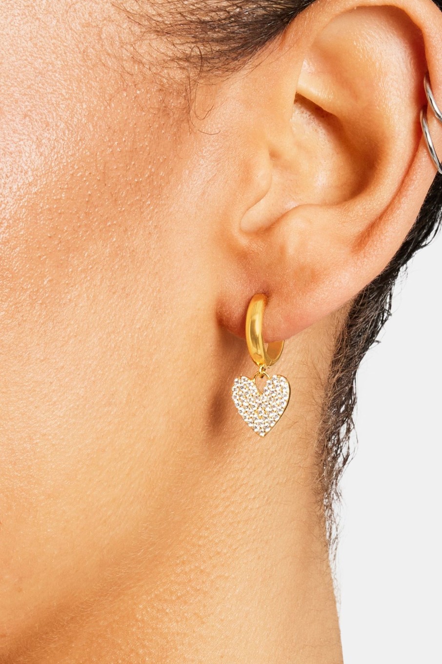 Earrings | JWL-EAR Earrings Iced Heart Huggie Hoop Earrings - Gold