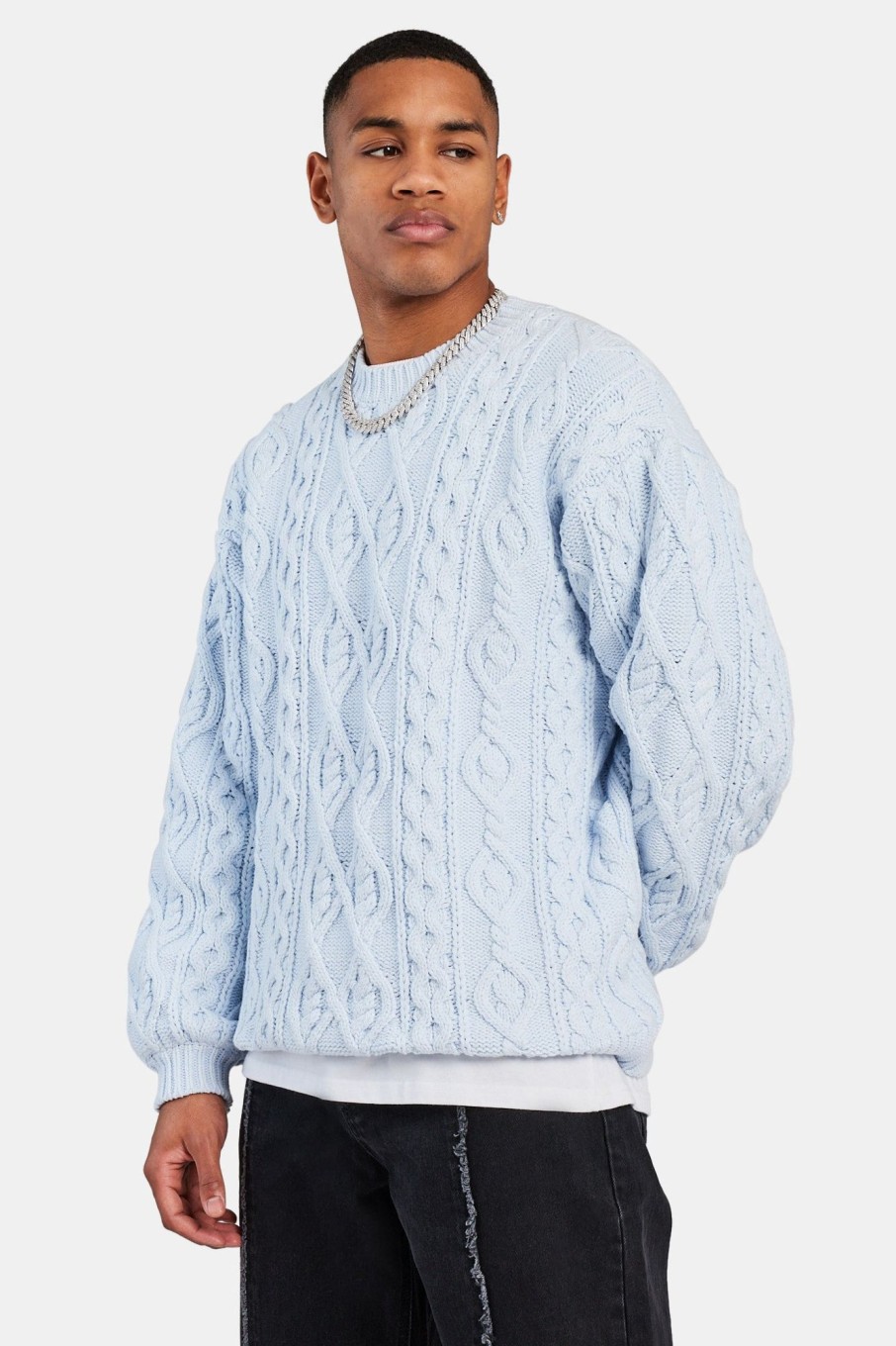 Knitwear | CLO-TOP-KTW Knitwear Cable Knit Varsity Sweater - Blue