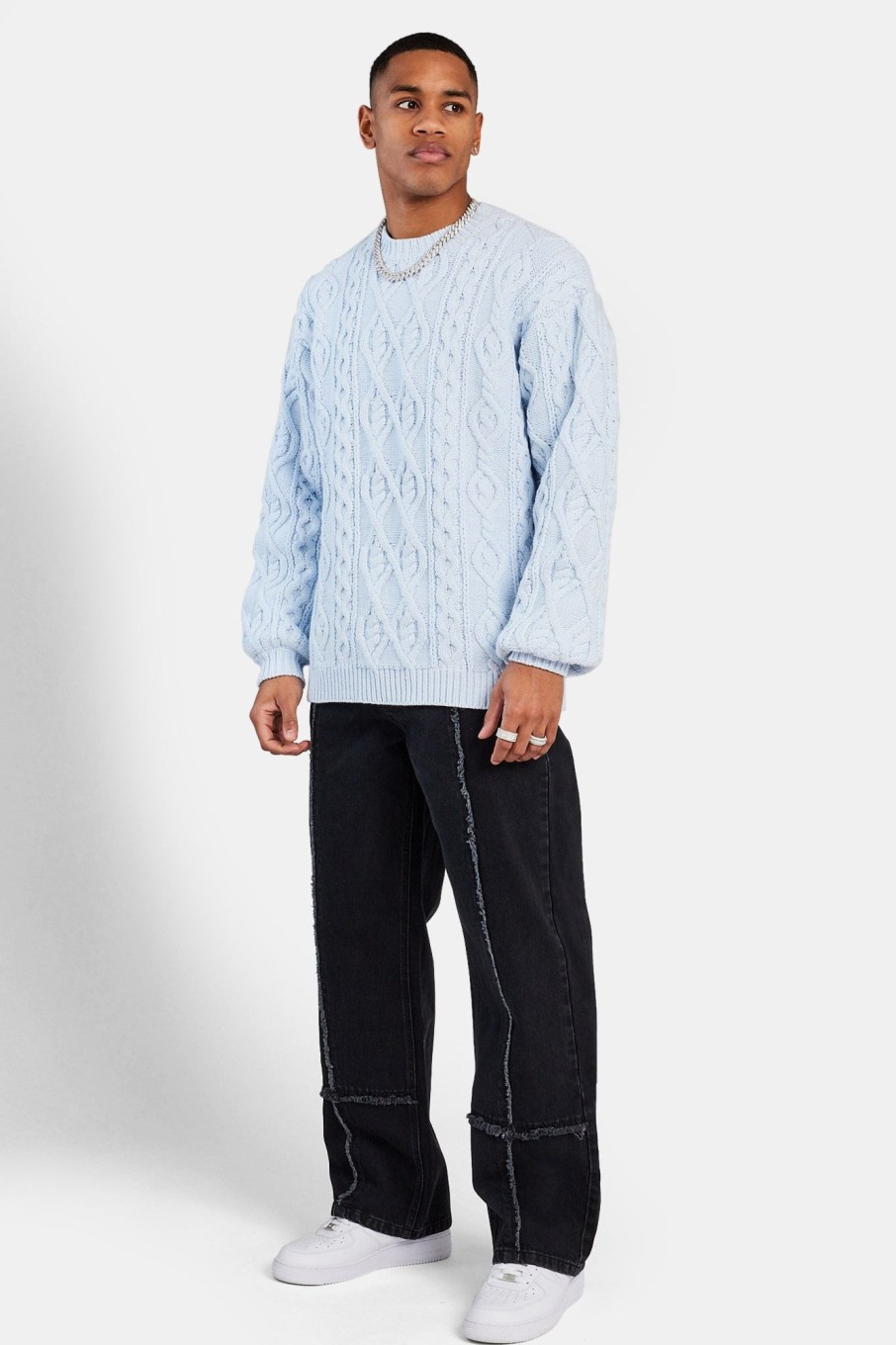 Knitwear | CLO-TOP-KTW Knitwear Cable Knit Varsity Sweater - Blue